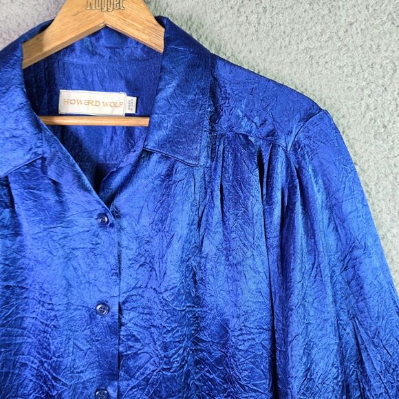 Vintage Howard Wolf Cobalt Blue Crinkle Puff Sleeve Button Up Top Statement 80s - Picture 5 of 15